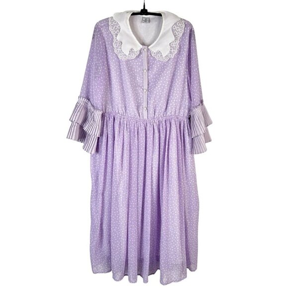 Purple Polka Dot Dress Large Pastel Lace Collar Accordion Sleeve Lolita Coquette - Picture 1 of 13
